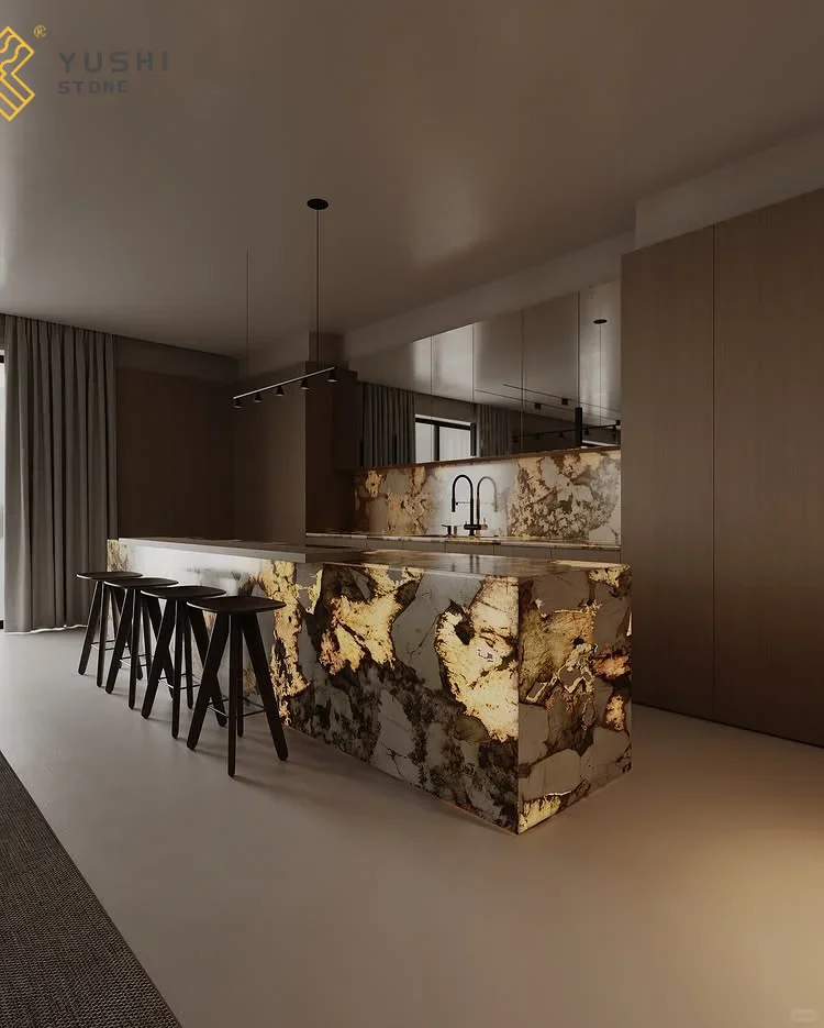 YUSHI Modern Luxurious Patagonia Natural Stone Kitchen Island Countertops Lumistone Vanity Tops Table Tops for Hotels Onsite details