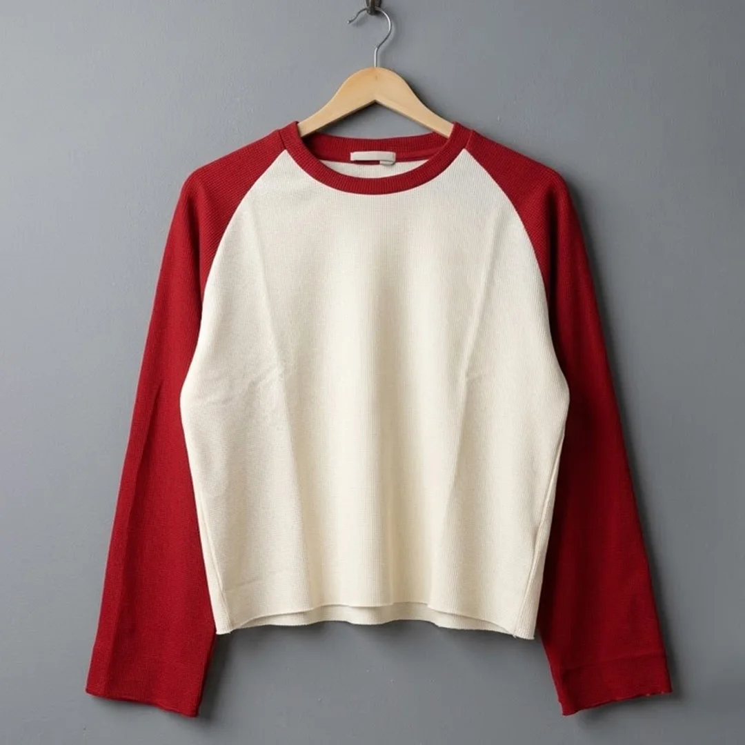 product custom premium knit fabric mens waffle raglan blank solid color long sleeve t shirt loose boxy streetwear casual tee-2
