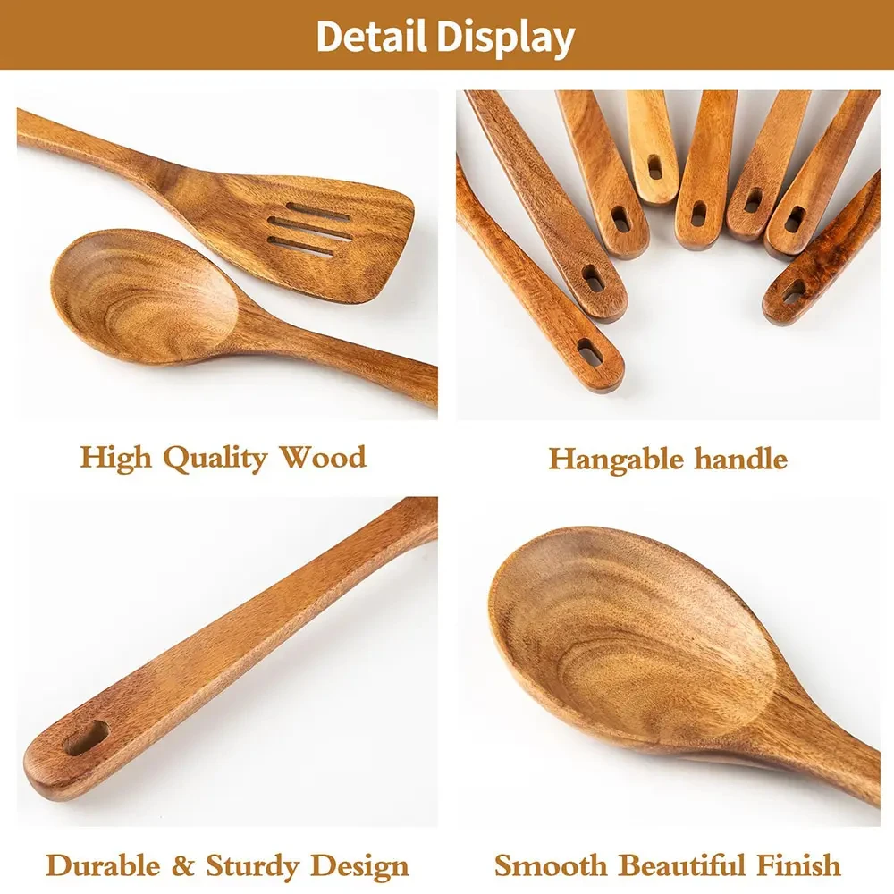 12 PCS Kitchen Cooking Wooden Measuring Spoon Spatula Natural Acacia Wood Kitchen Utensils Set Cooking Accessories Utensils Sets