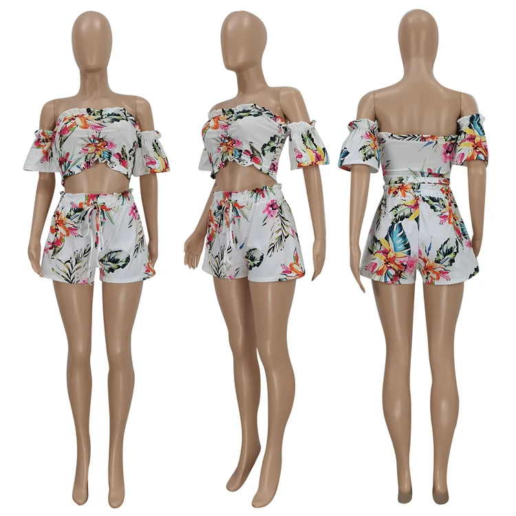 CATHY Newest Design Off Shoulder Tropical Floral Printed 2 Piece Casual Women Clothing Two Piece Women Short Sets