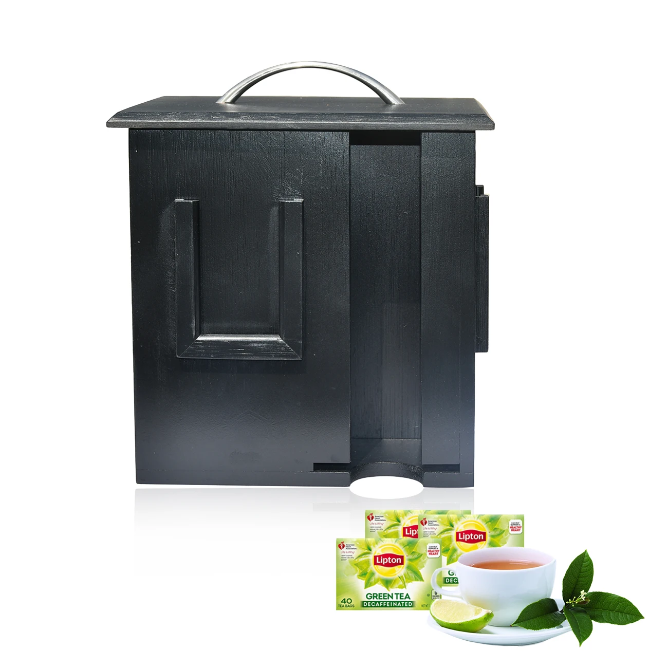 Personalized 4 Compartments Black Color Bamboo Tea Box Rotating Tea Bag Storage Organizer With Lid For Kitchen