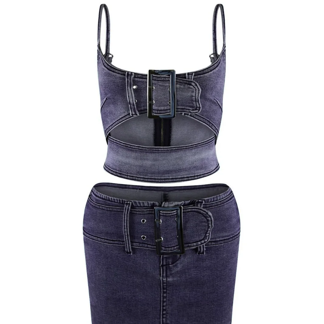 New Peoduct Mini Skirt Set Womens Casual Denim Suit Stretch Denim Camisole Crop Top Two Piece Set details
