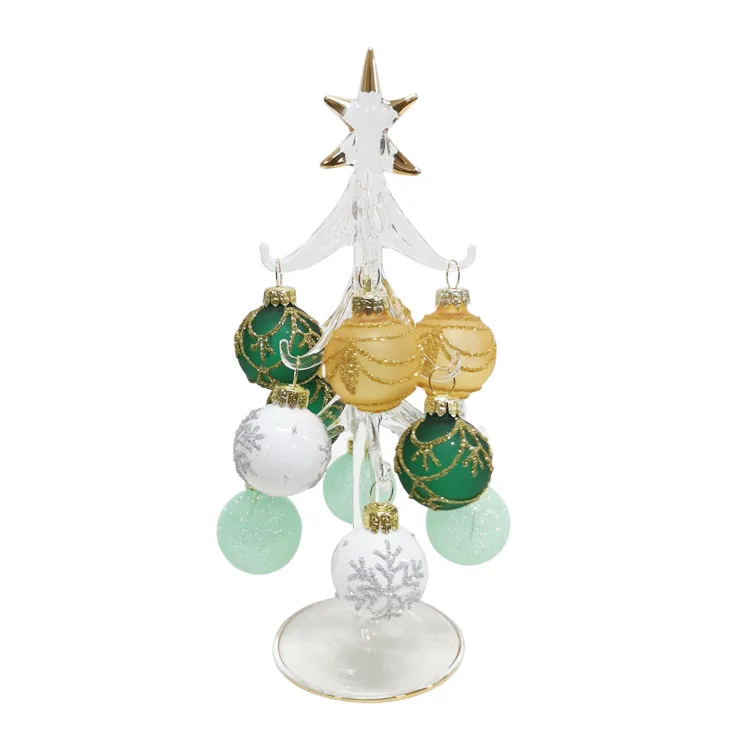 Custom made small clear hand painted blown glass Christmas tree with mini hanging bauble ball ornaments manufacture