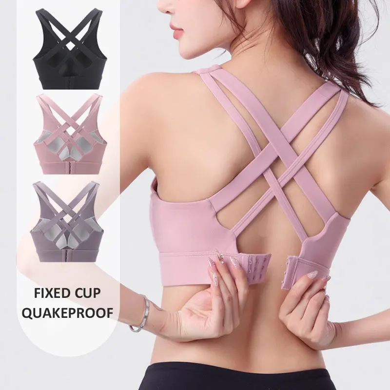 Sports Bra Shockproof Cup Crossover Beauty Back Sports Bra Integrated Chest Pad Adjustable Shockproof Yoga Fitness Underwear