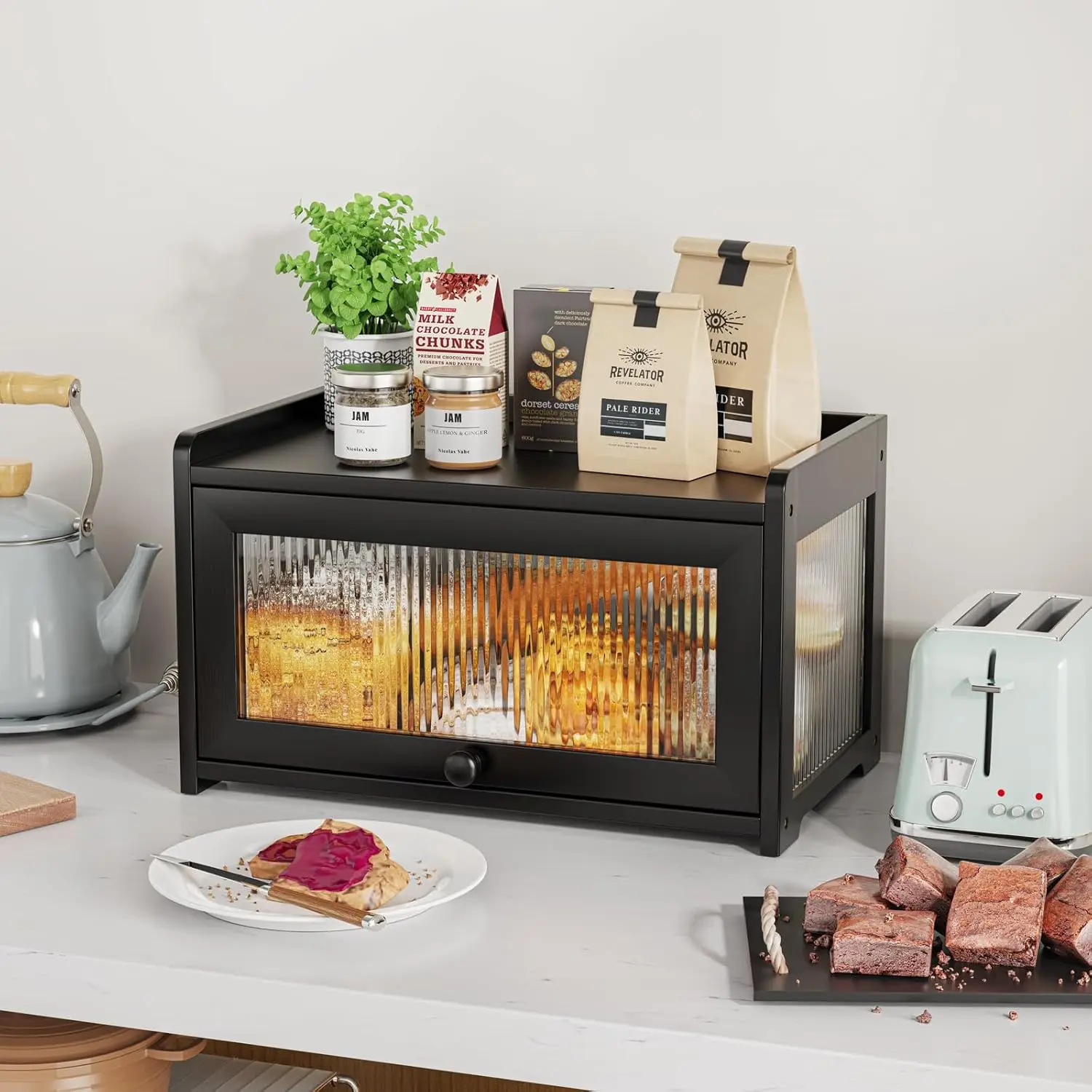 product large capacity bamboo bread box rectangle shape kitchen counters and bread storage containers organizer for kitchen cabinets-13