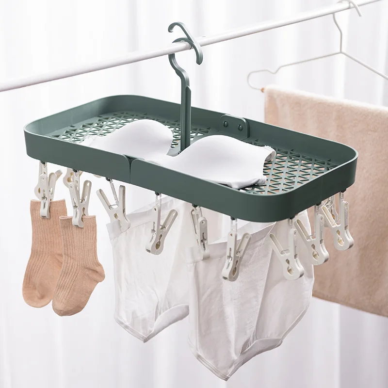 2023 Hot sell Household Multifunctional Folding laundry underwear bra socks drying hanger Foldable clothes hanger with 18 clips