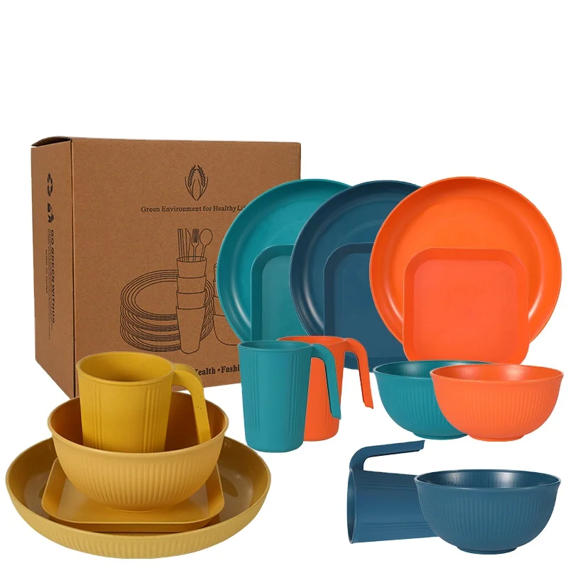 Household Outdoor Set 36pcs Dishes Cup Portable  Wheat Straw Dishes Dish Knife Fork Spoon Tableware