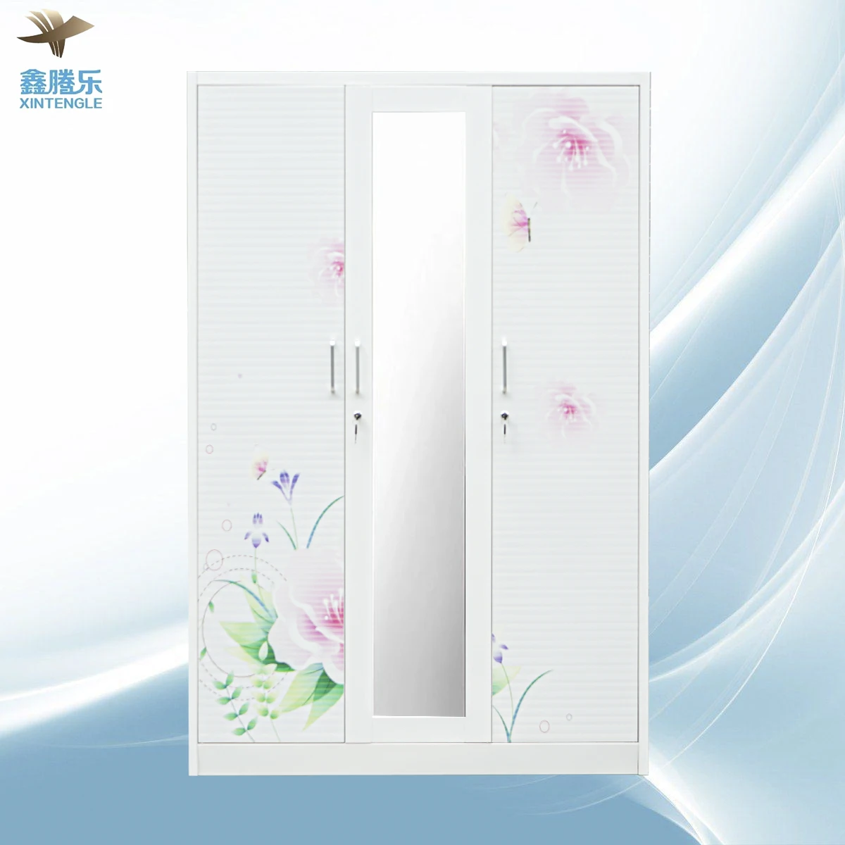 Tengle Flash Sale Cheap Steel 3-Door Almirah Bedroom Furniture with Lock and Key Steel Flower Printing Metal Wardrobe