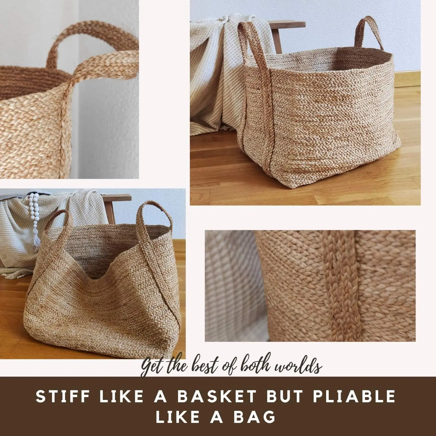 Large Handmade Woven Storage Basket  Jute  Tall Decorative Rope Basket for Living Room, Toys, Storage, Towel