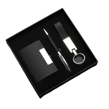 Cheap promotional items 3 in 1 card holder + pen + Key chain giveaways promotional gift set corporate gifts set luxury xmas gift