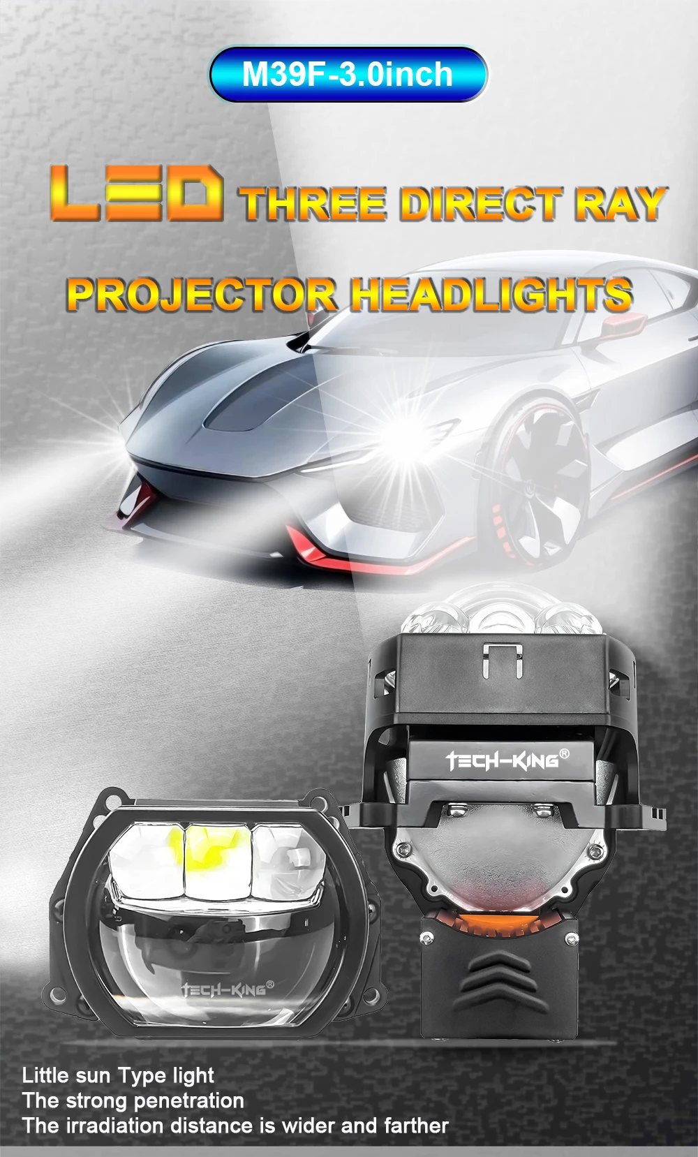 Car LED headlights double lens 3 inch square three direct laser light super bright 90 watt high power H7 H11Projector headlights