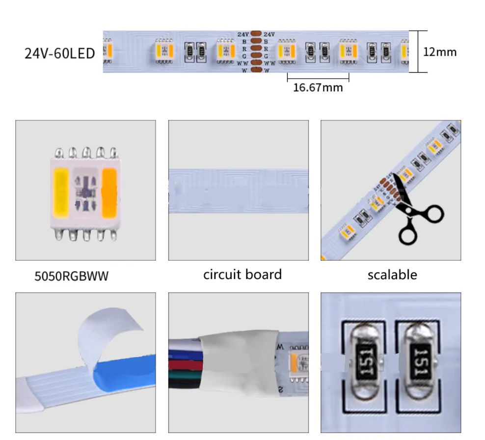 24V RGBWW 5050 LED Strip Lights - 5-in-1 Rainbow Chasing Effect, Low Voltage Engineering Lighting