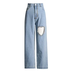 TWOTWINSTYLE New Jean High Waist Patchwork Pocket Diamonds 2023 Denim Jeans Trousers For Women