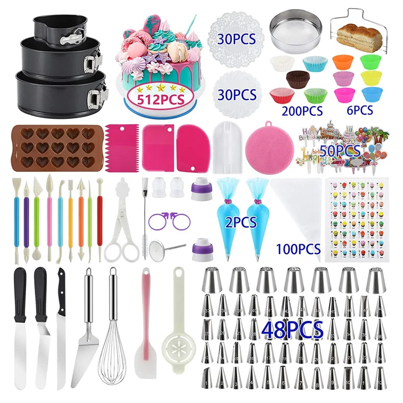 512 Pcs Cake Decorating Supplies Kit with Cake Pans, Cake Decorating Tools Set Baking Supplies with Piping Bags and Tips Set