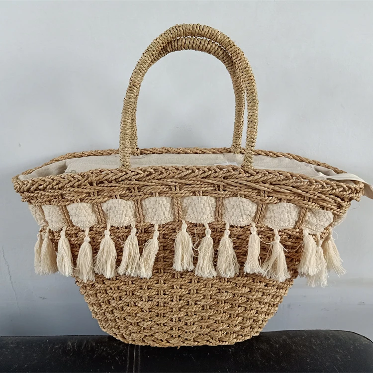 New collection of straw beach bags woven maize straw bags with ribbon decoration tote summer beach bag