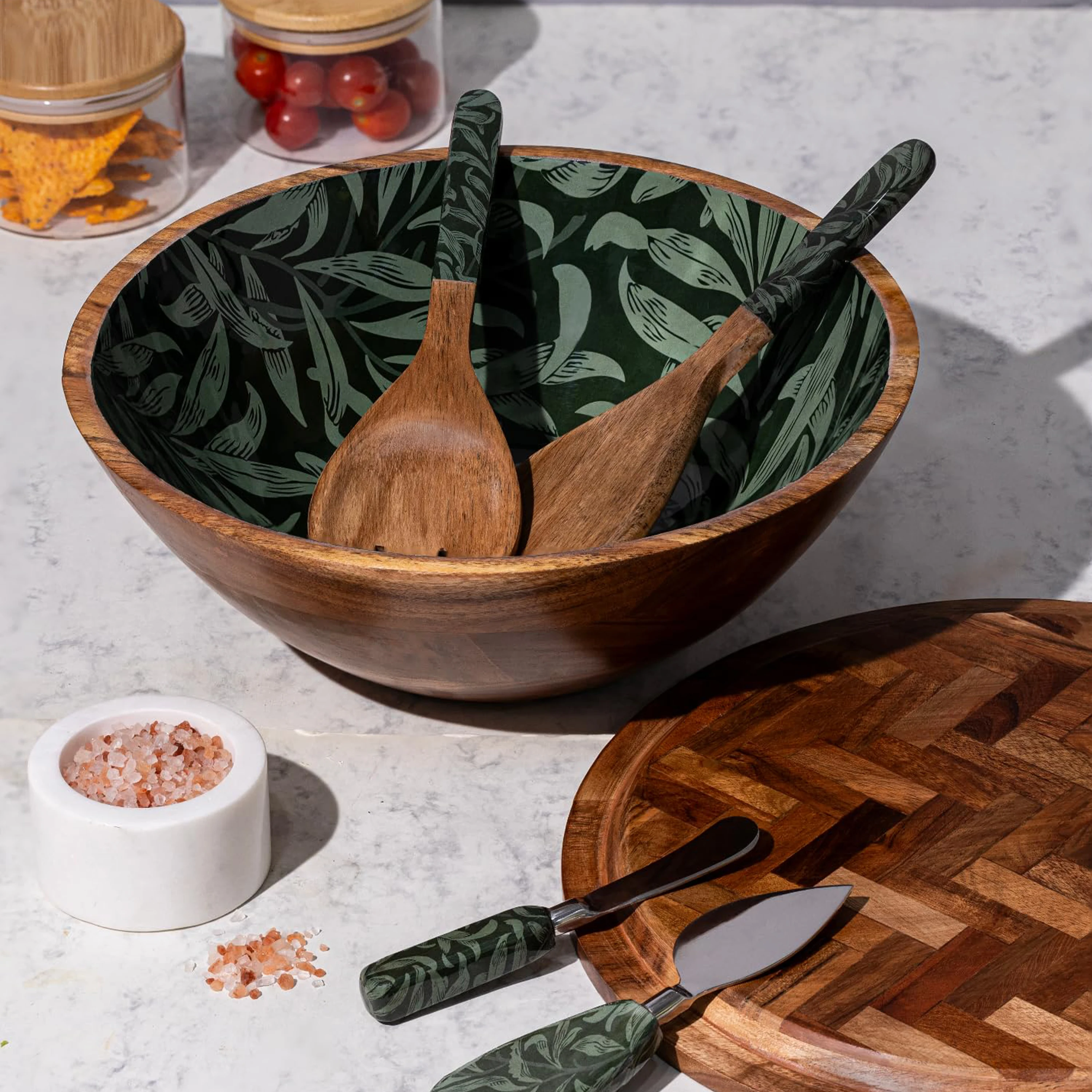 product acacia wood salad bowl set with utensils enamel printed salad spatula and cheese knife serving bowl with lid for kitchen party-7