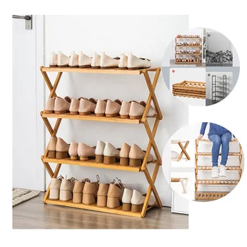 Amazon Top 3-6 Tier No Assembly Foldable Shoe Storage Organizer Shelf Wooden Bamboo Shoe Rack Online