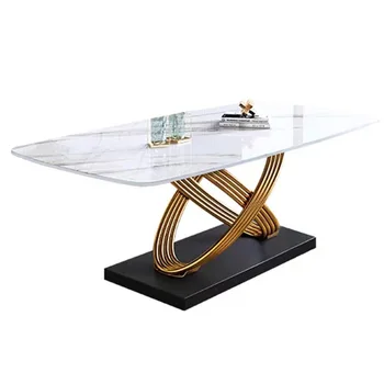 Hanyee 2024 New Arrival Unique Slate Dining Table Set 6 Chairs Gold Metal Steel Stainless Style Dining Room Furniture