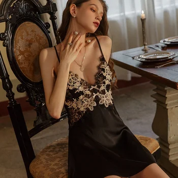 Yilisha Sexy Black Lace Sleep Tops Pajamas Night Gowns Silky Satin Strap Nightdress 2022 New Vintage Women Sleepwear