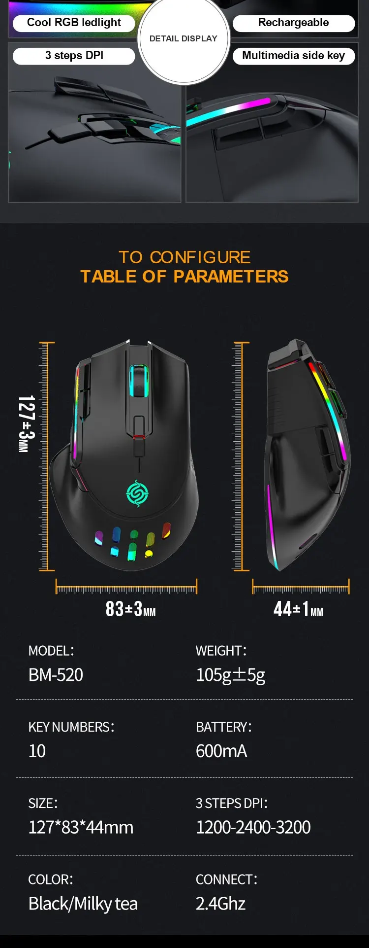 10 Programmable Buttons Optical Dpi 3200 Rechargeable Mice Rgb Backlit