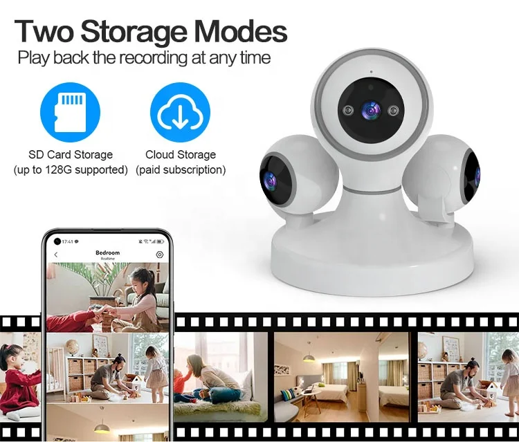 Mini 12mp Smart Home Surveillance Wifi Wireless Network Security Ptz Ip Three Lens Indoor Baby&Pet Home Security Camera