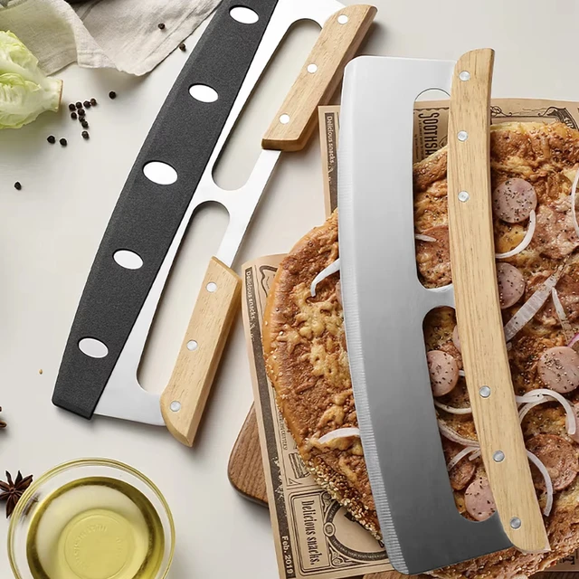 2 PCS Stainless Steel  Kitchen Part Pizza Cutter Rocker, Pizza Slicer Knife Wheel with Wooden Handles and Plastic Cover