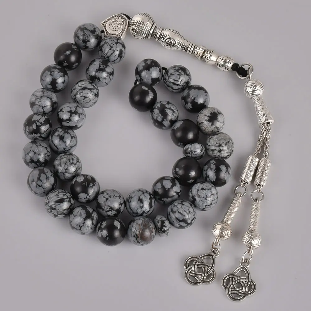 YS315 Beads Islamic Mala Round Shape Stone Rosary Necklace 10mm Snow Muslim Bracelet Prayer   Ornament For Wedding Gift