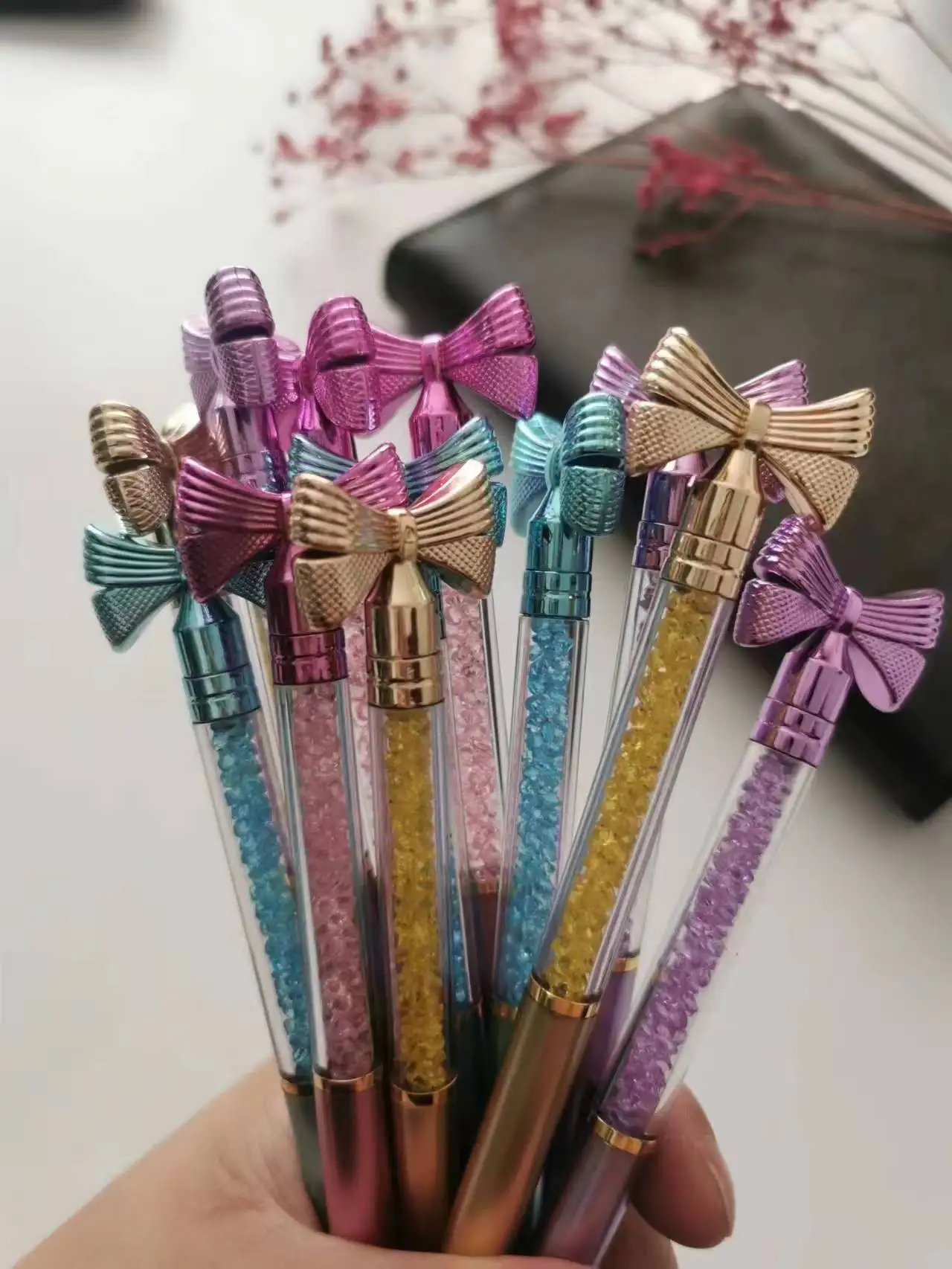 cute stationery bow plastic ball pen with the crystal Cute kawaii pen cartoon design promotional crystal pen