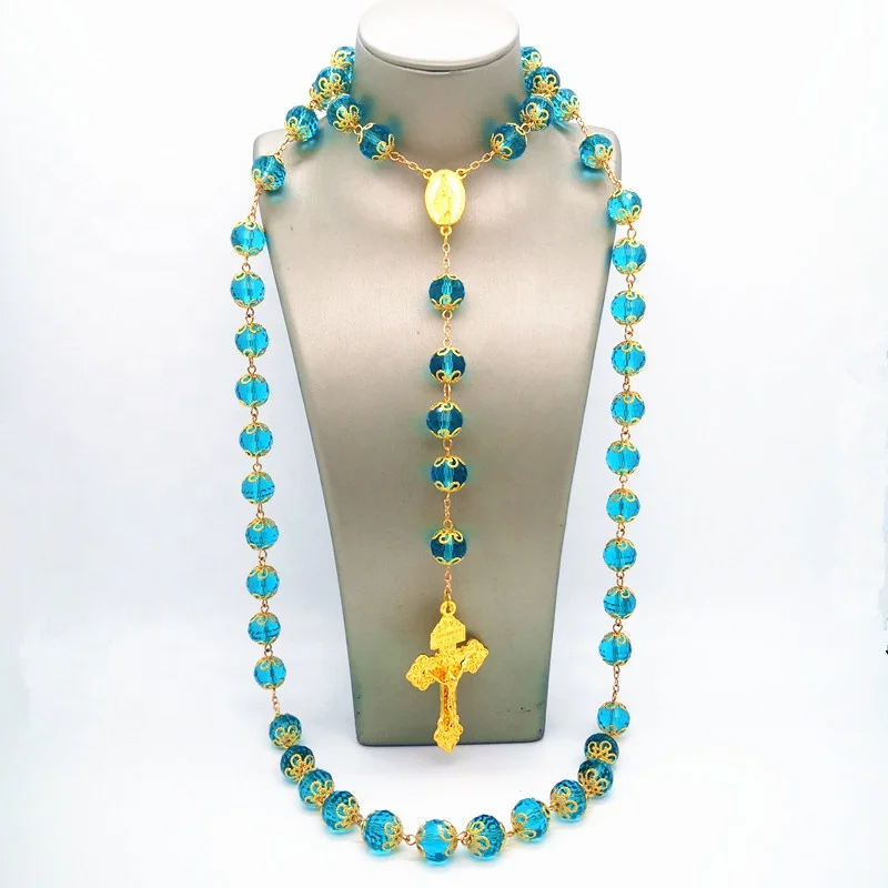 Long Wall Rosary Big Blue Crystal Beads 