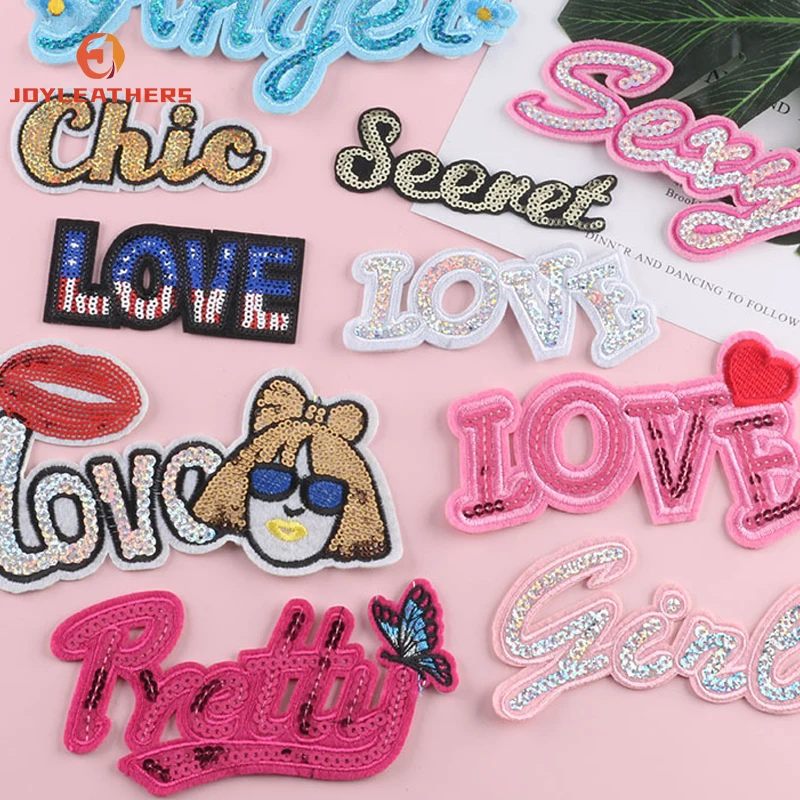 Cartoon Peach Pink Letter Butterfly Patches Variety Letters Iron On for Clothes Sequin Patches