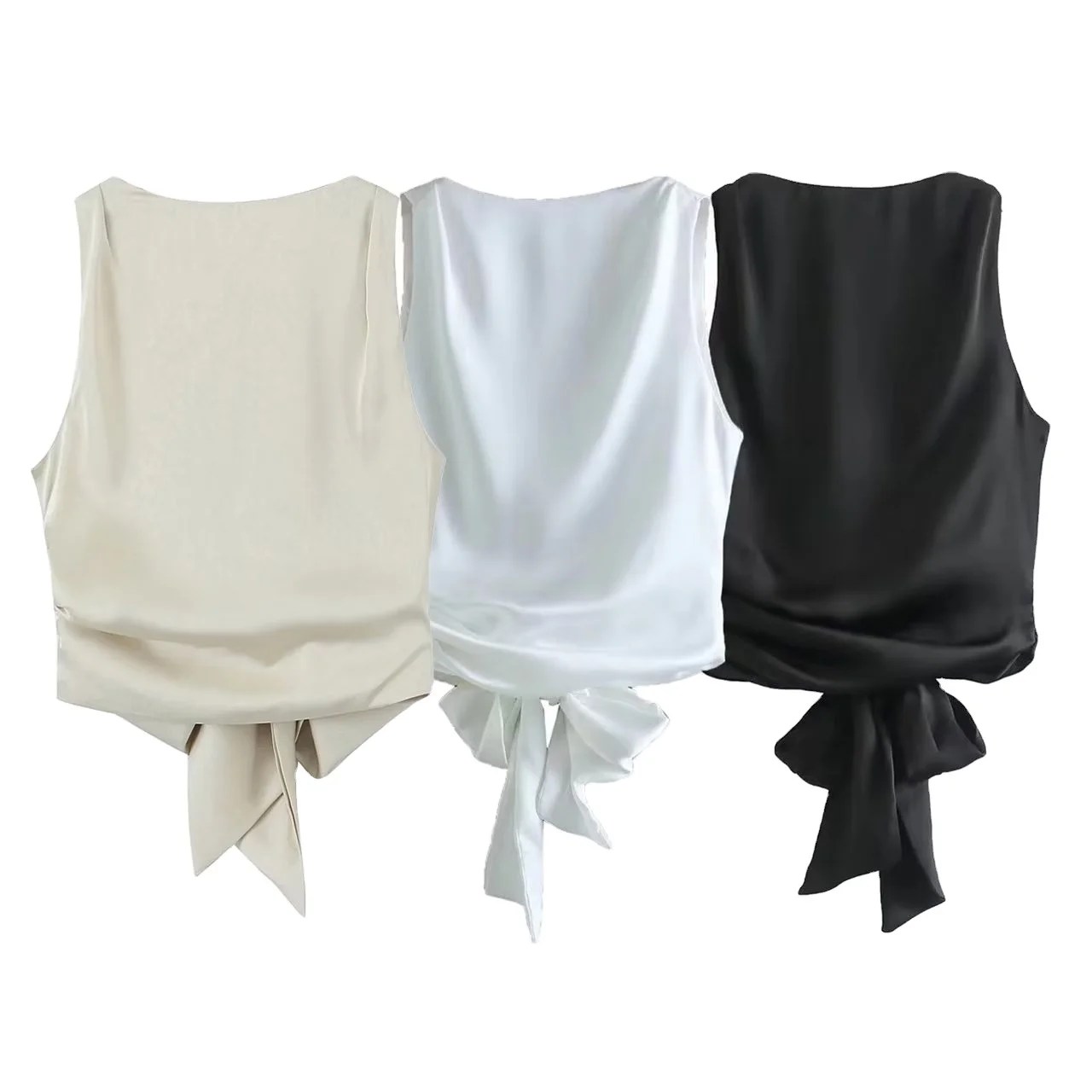 Women summer New Fashion Backless silk satin top Vintage Backless Female Camis Chic Tops