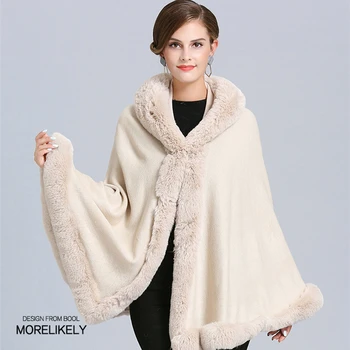 Winter autumn ladies knit ponchos high quality shawls fake fur collar cape coat for women