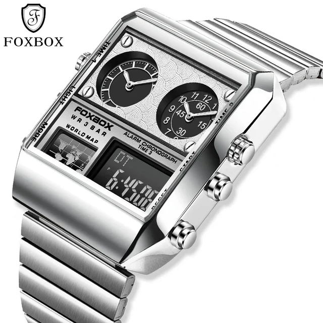 FOXBOX Watch Men Waterproof Analog Quartz Digital Clock Man Waterproof LED Double Display Watches Mens Luxury Stainless Steel