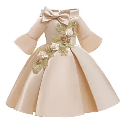 New Unique Design Embroidery Off Shoulder Princess Dress Medium Sleeve Birthday Performance Girls Dresses
