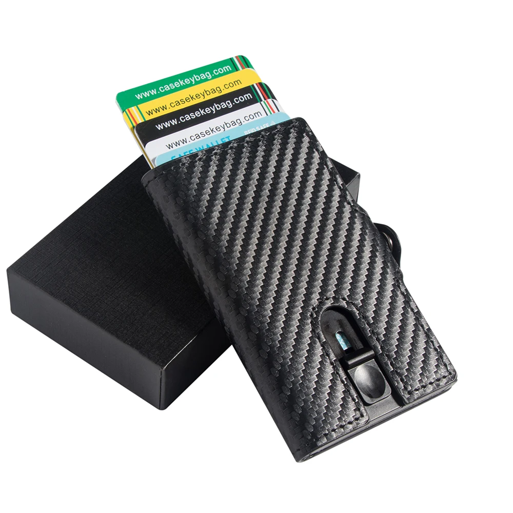 Casekey  PU Leather Slim Minimalist Carbon Fiber Wallet Fashion Men's Metal RFID Blocking Card Holder