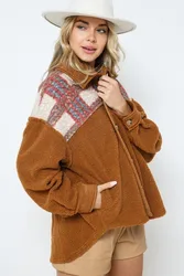 Wholesale Women Casual Plaid Patchwork Button Down Sherpa Fleece Shacket Jacket For Women