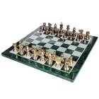 Decorative Designer Antique Metal Chess Set with Brass Pieces and Marble Board