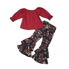 Girls Top Ruffle Baby Girl Set Baby Girls Burgundy Floral Print Top With Ruffle Bell Pant Set
