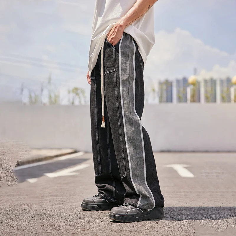 INFLATION Patchwork Side Stripe Black Denim Jeans wholesale Straight jeans men