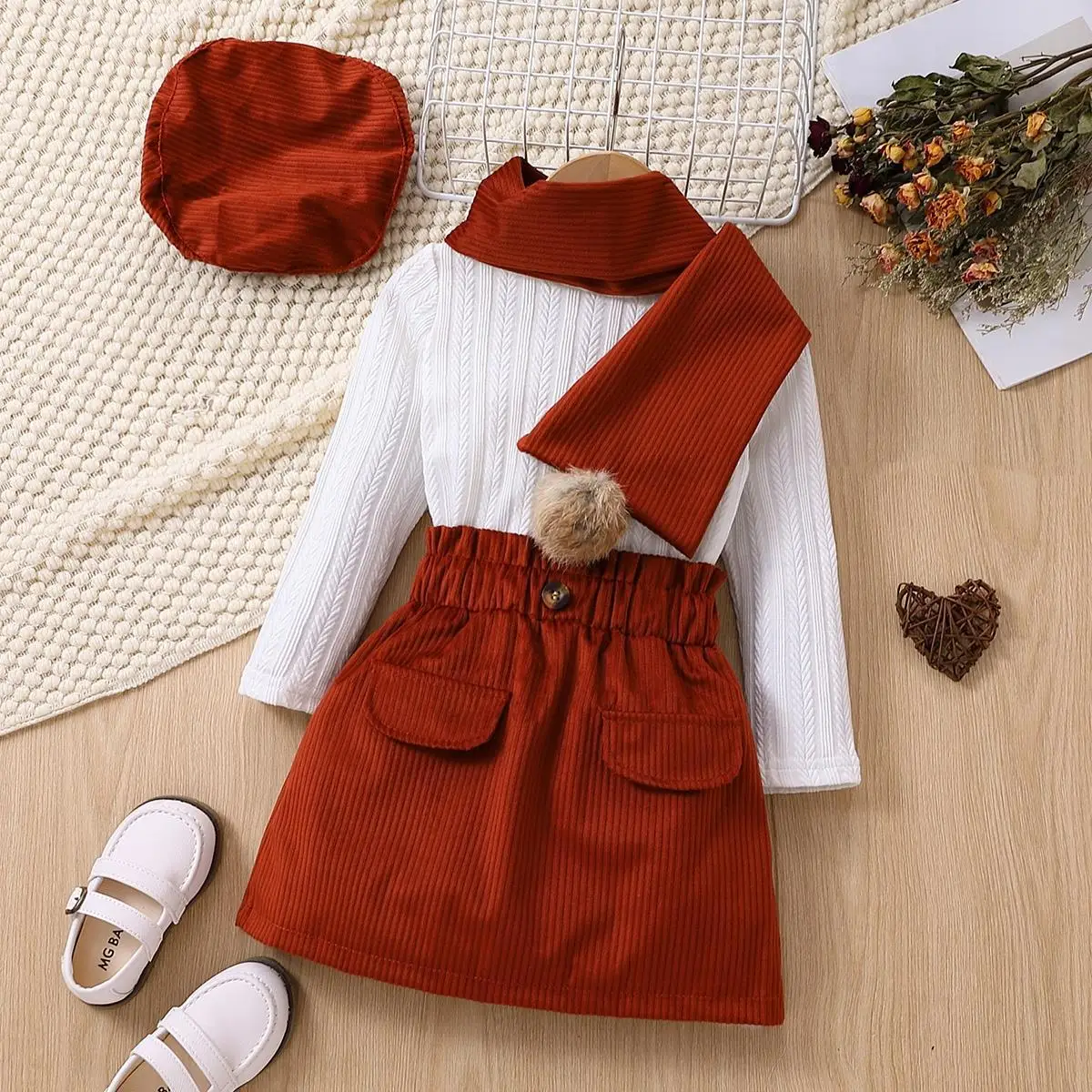 New Korean toddler girls 4pcs clothing sets fashion long-sleeved skirt suit+scarf+beret boutique baby girls fall outfits