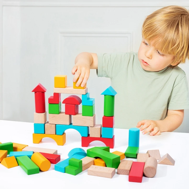 50件环保实木沙滩婴儿儿童堆叠城堡彩色大型积木