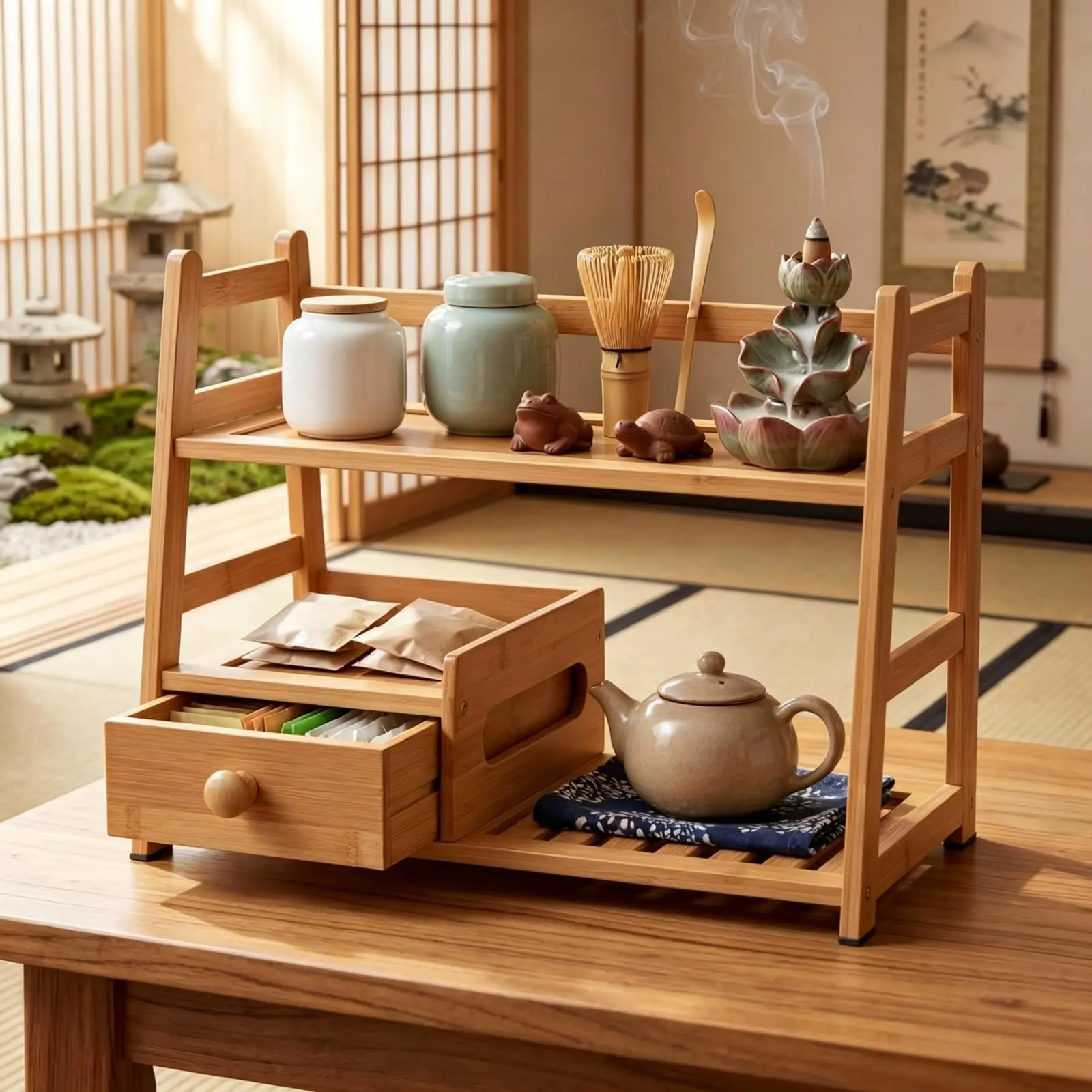 product bamboo tea matcha coffee station with drawer tea rack countertop tea bag display shelf tea station storage rack for kitchen-6