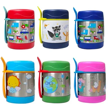 Wholesale Cartoon pattern 315ML double wall vacuum thermos hot food flask jar with spoon for kids