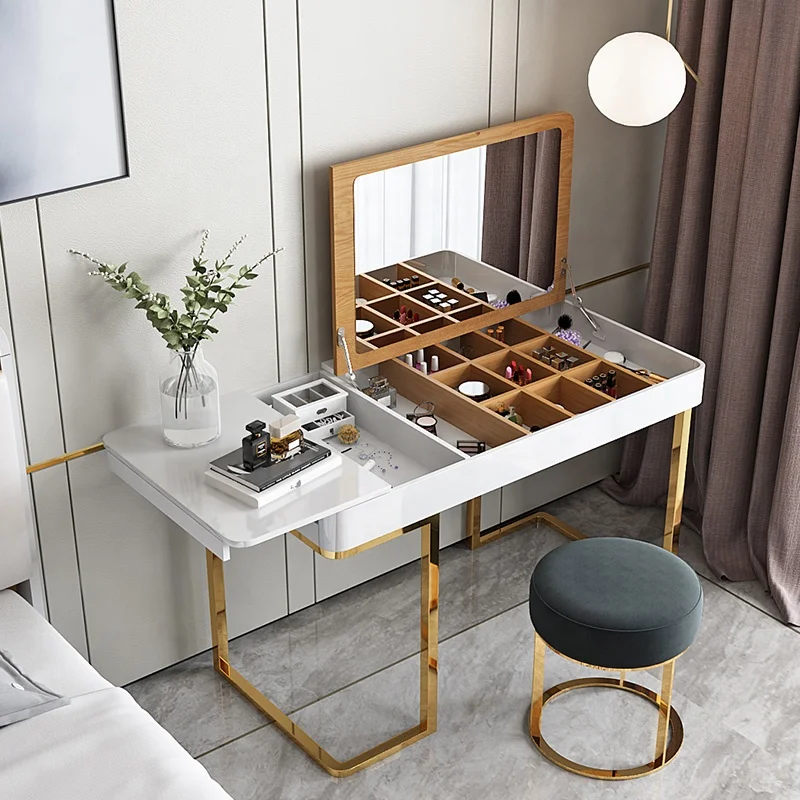 High Gloss Gold Stainless Steel Frame Modern Bedroom Furniture Girl Dressing Table With Mirror