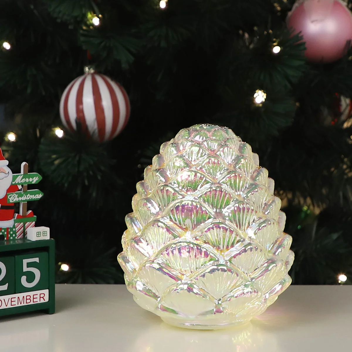 Luxury 3D Big Glass Pinecone Desktop Ornament Lighted Up Christmas Decoration New Year Party Glowing Craft Home Outdoor Garden details