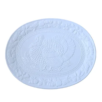 Microwave Safe Embossed Design Dolomite Oval Charger Platter Ceramic turkey Plate