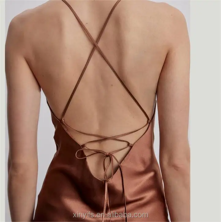 New Style Customized Logo Summer Backless Women Bodycon Dresses Sexy Elegant Midi Dress Slip Silk Satin