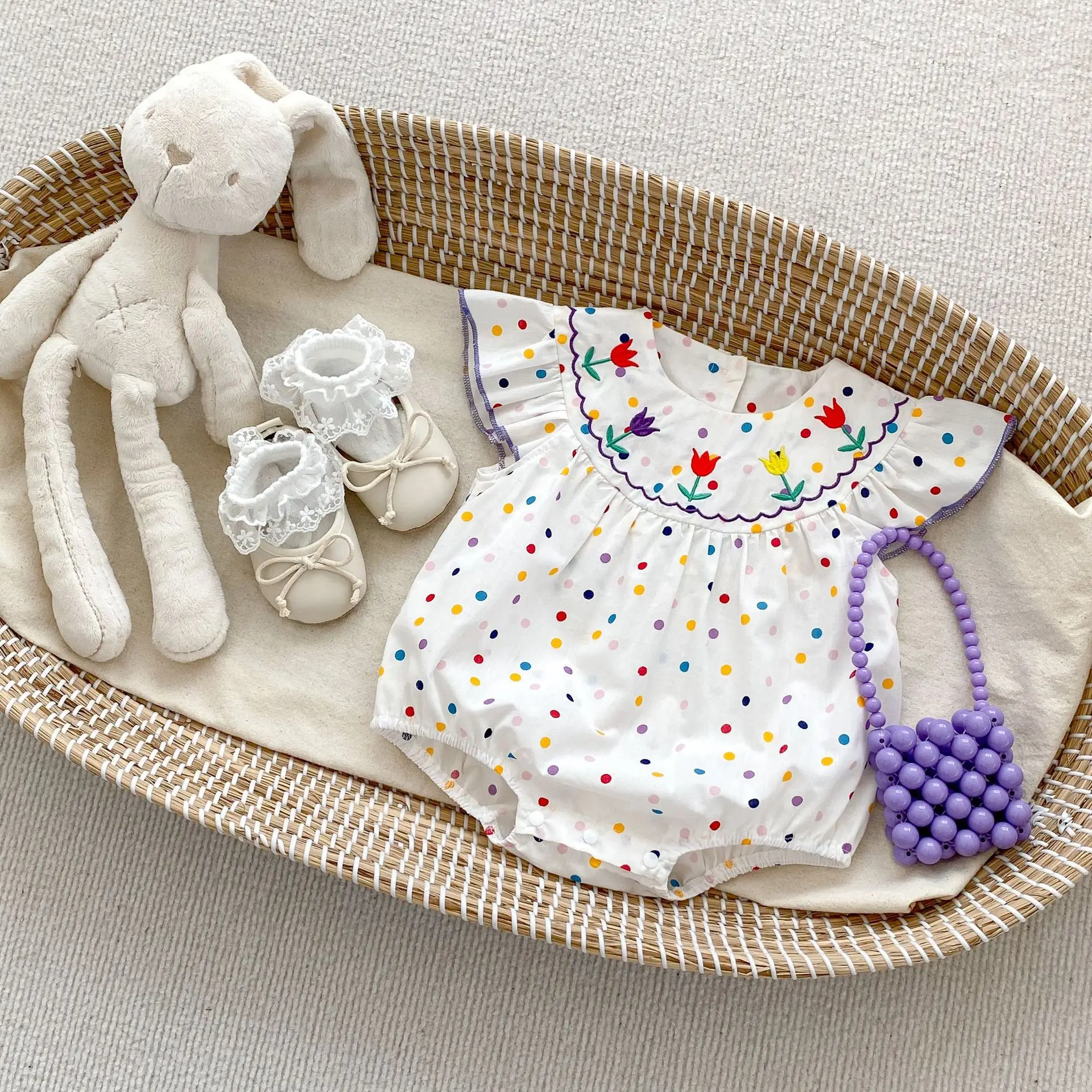 2023 New Summer Baby Bodysuit Infant Sweet Flower Colour Dots Jumpsuit Toddler One Piece