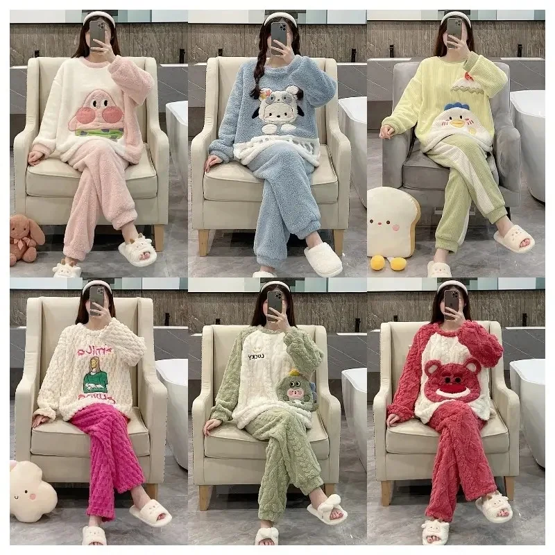 Women's pajamas Autumn and winter thick coral velvet set advanced warm plus velvet large size home wear