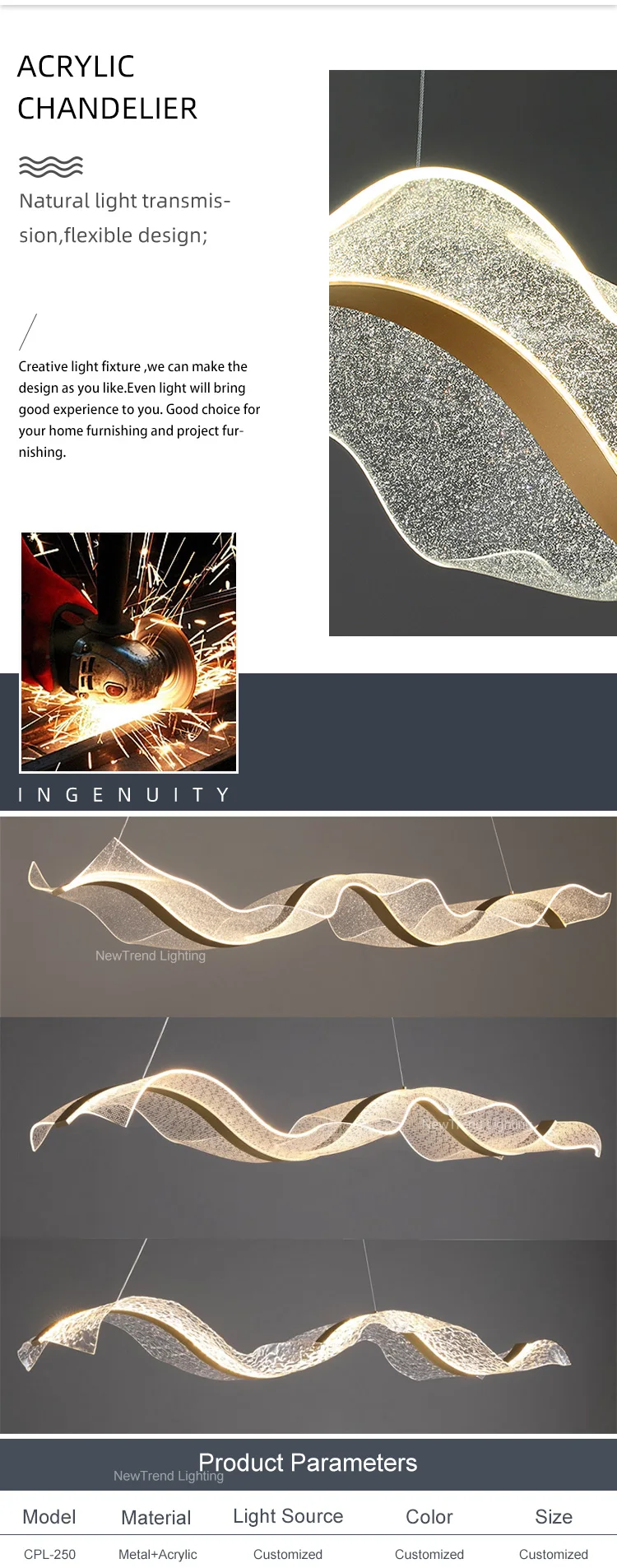 CPL-250 Modern Style Indoor Decoration Living Room Apartment Office Dinning Room Acrylic LED Chandelier Pendant Light manufacture